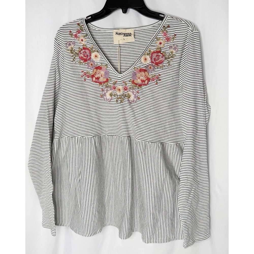 Savannah Jane Boho Floral Embroidered V Neck Long Sleeve Top Women Boho Large